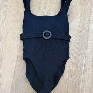 Black Knit Swimsuit with Belt Detail